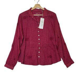 Anthropologie Kyla Seo Blouse Small Size Cotton Embroidery Pink Shirt Buttons